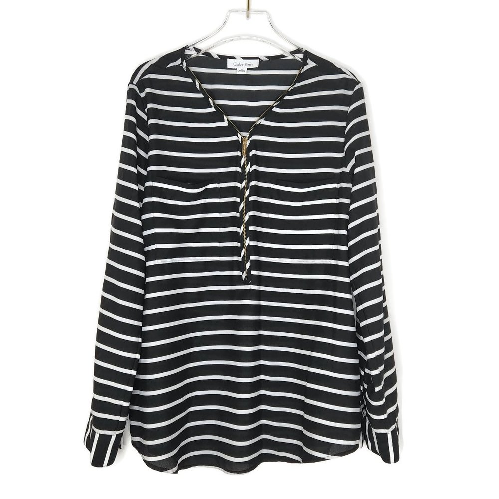 Calvin Klein Top Small Black White Stripe  Roll Tab Sleeves V Neck Zip
